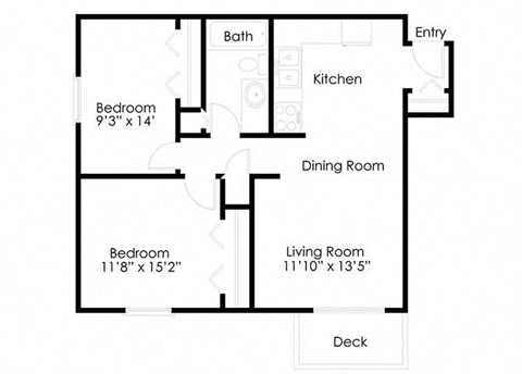 Floor plan for 2 beds, 1 bath, 849 sqft